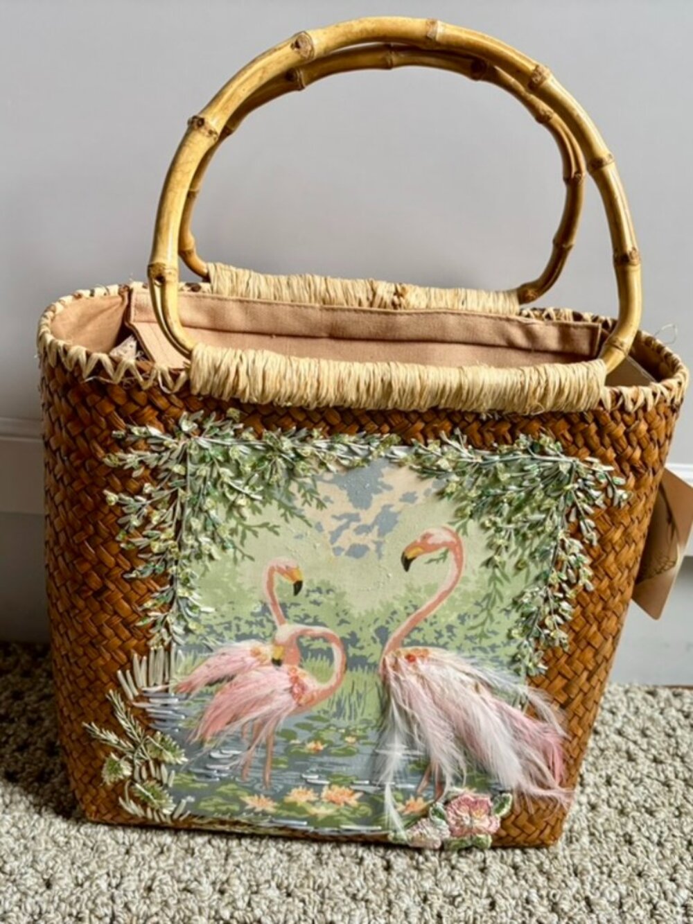 Cappelli Straw Woven Natural Bag with Beads and Feathered Flamingos